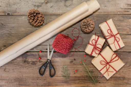 scissors paper and threads for making Christmas gifts