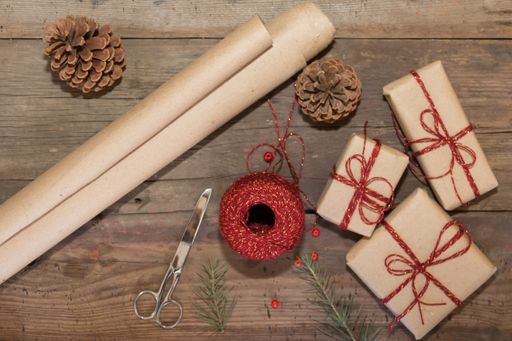 scissors paper and threads for making Christmas gifts