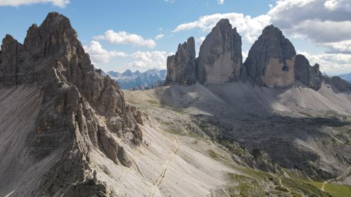 An aerial view of Tre Cime di Lavaredo mountains in the Dolomites in Alps in Italy