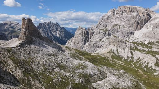 An aerial view of Tre Cime di Lavaredo mountains in the Dolomites in Alps in Italy