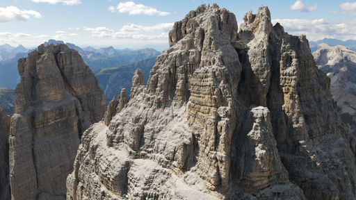 An aerial view of Tre Cime di Lavaredo mountains in the Dolomites in Alps in Italy
