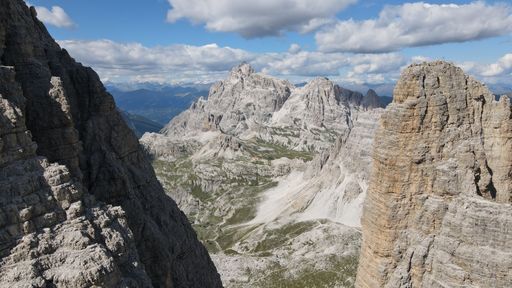 An aerial view of Tre Cime di Lavaredo mountains in the Dolomites in Alps in Italy