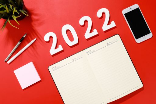 A flat lay shot of a planner, a smartphone, pens and a houseplant on a red background  - 2022 goals