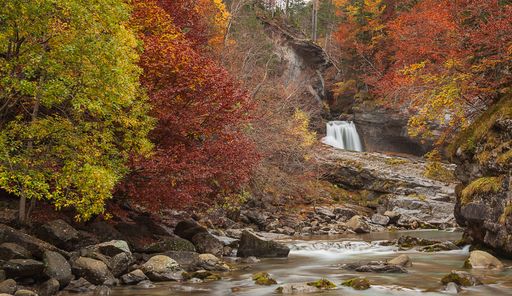 Gorgeous waterfall surrounded by autumn colors during a walk through the Ordesa National Park.