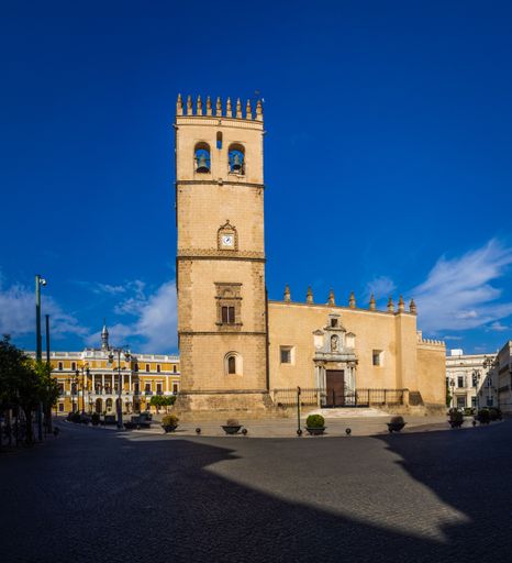 Square of Spain, in Spanish Plaza de Espana. Saint John the Baptist Cathedral San Juan Bautista in Badajoz, Spain