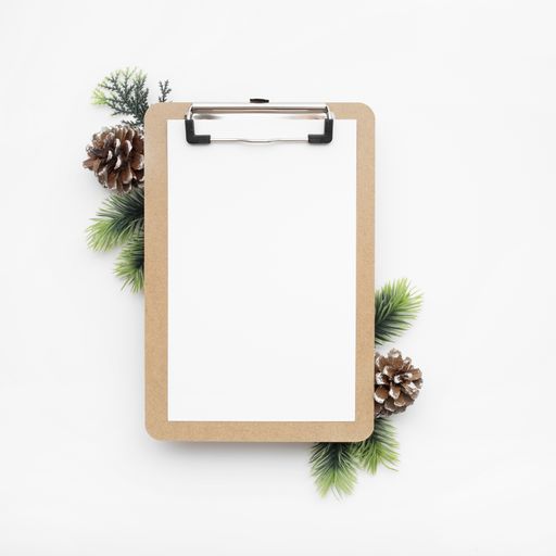 A top view of a clipboard, fir branches, and pine cones for Christmas with copy space isolated on a white background
