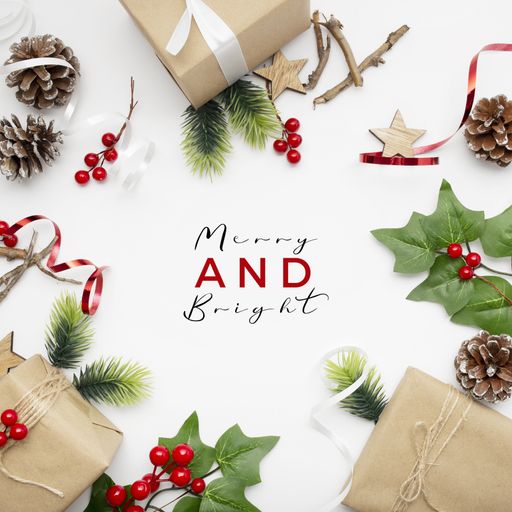 A top view of wrapped gifts, ribbons, fir branches, holly berry plant, and pine cones with "Merry and Bright" text