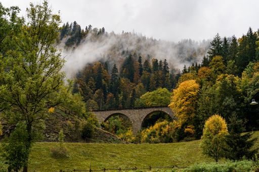 Spectacular view of the old railway bridge at the Ravenna gorge viaduct in Breitnau with some mist in the background, Germany