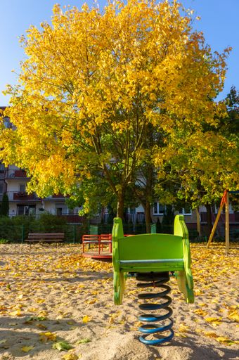 A vertical shot of a spring swing  set on a sandy playground with autumn colors in Poznan, Poland