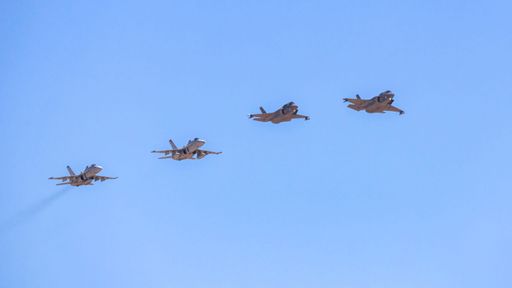 A formation of US Army F-18 Hornet, F-18 Super Hornet, and F35 Lightning at the MCAS Air Show