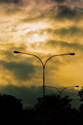 A beautiful vertical shot of streetlamp silhouettes at sunset