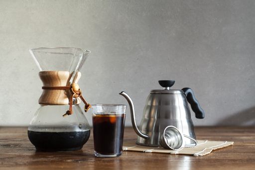 The special drip coffee is brewed in a Japanese style in a glass jug
