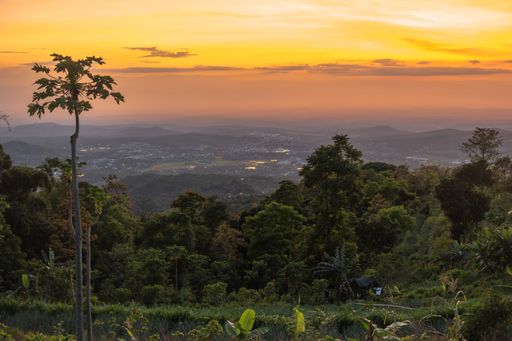 The hills covered in greenery under a cloudy sky during a beautiful sunset - great for wallpapers