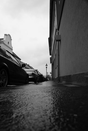 A vertical grayscale shot of a street