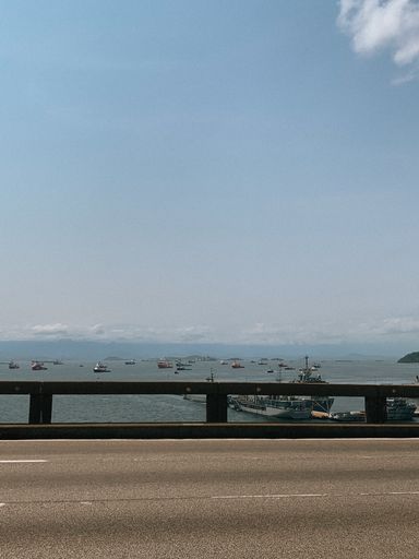 a vertical  shot of the bridge in Rio de Janeiro with the horizon and the sea with ships
