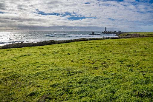 A beautiful shot of ocean waves moving towards the green shore under the cloudy sky