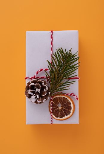 A white gift box decorated with a red ribbon, fir tree branch, pine cone, and slice of dried orange in the orange background