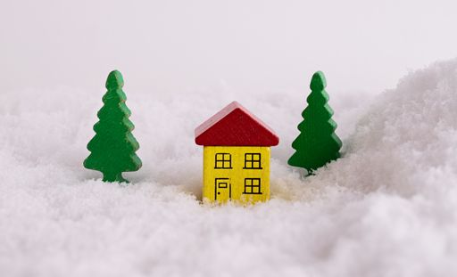A closeup of a house and trees, funny toy figurines in the snow