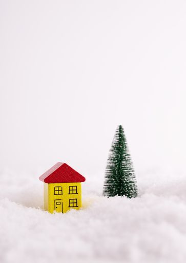 A closeup of a house and fir-tree, funny toy figurines in the snow
