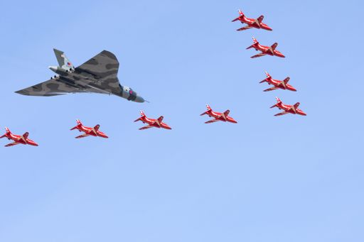 A view of Vulcan bomber and red arrows at airshow in Southport, United Kingdom