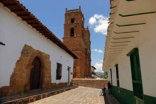 Main Square with Beautiful Colonial Architecture with Cobblestone Streets and a Wealth of Details in Barichara, Colombia