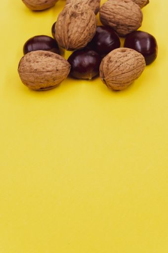 A high angle shot of a background with hazelnuts and walnuts with a copy space