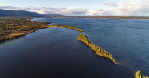 Aerial drone view of the snowy Saana fell and Malla natural park in colorful foliage, sunny, autumn day, in Enontekio, North Finland