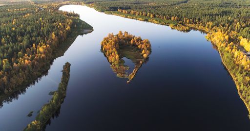 Aerial drone view of the snowy Saana fell and Malla natural park in colorful foliage, sunny, autumn day, in Enontekio, North Finland
