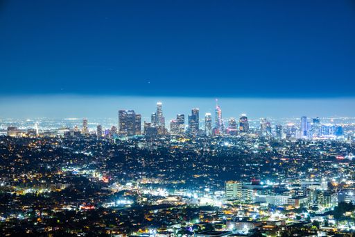 The Los Angeles skyline at night.