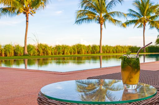 A palm tree reflecting in a glass table with a glass of a refreshing drink on the top in Phnom Penh in Cambodia