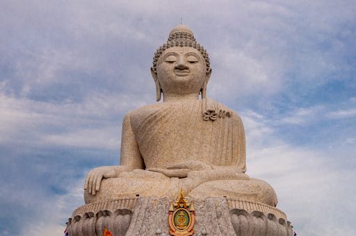 A low angle shot of the historic famous landmark called Big Buddha in Phuket island in Thailand