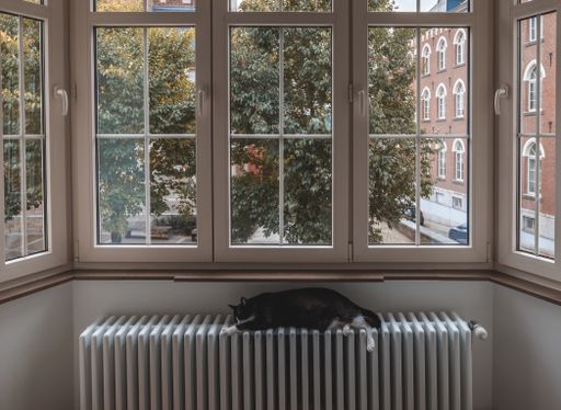 A closeup shot of a cute black cat lying on a radiator