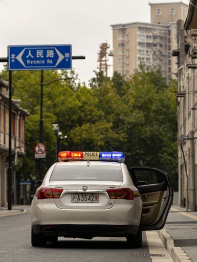 A vertical shot of police cars parked on Renmin Road to serve the people