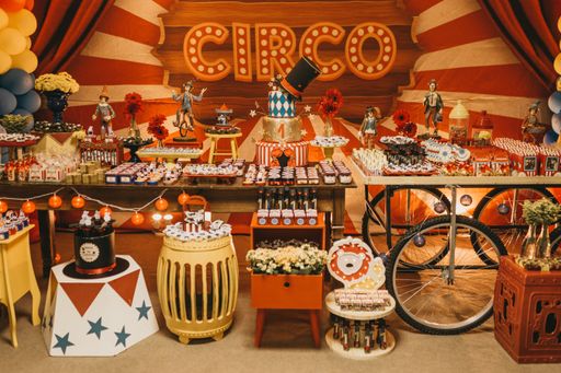 A beautifully decorated hall for a circus-themed birthday party