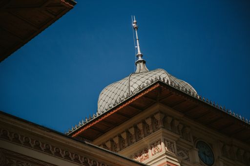 A low angle view of the beautiful mosque under the clear blue sky