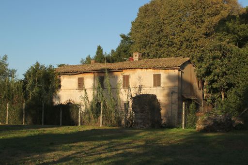 An old house with dirty walls surrounded by trees and grass under a blue sky