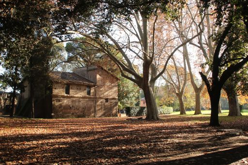 A house in the middle of a park surrounded by trees and grass under a sky during daytime