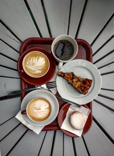 A vertical top view of a traditional Swedish fika in a cafe in Stockholm