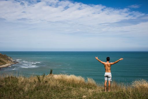 A shirtless athletic male standing on a hill near the sea with stretched hands feeling free of everything