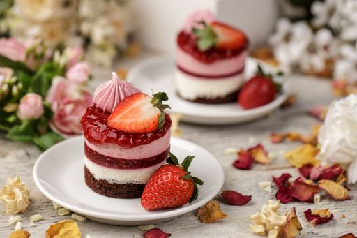 A selective focus of a mini strawberry cake on a white plate, surrounded with petals.