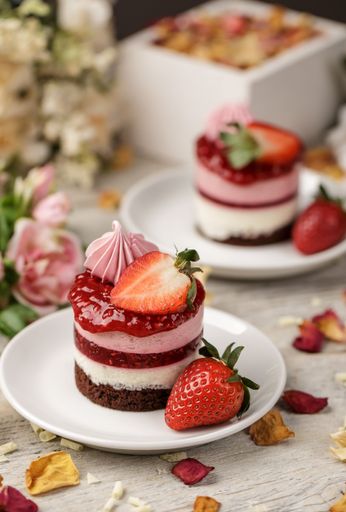 A vertical shot of mini strawberry cakes on a white plate surrounded with petals on the table