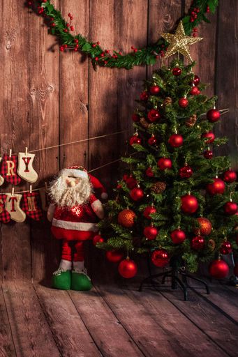 fluffy Santa next to the Christmas tree with red decorations.