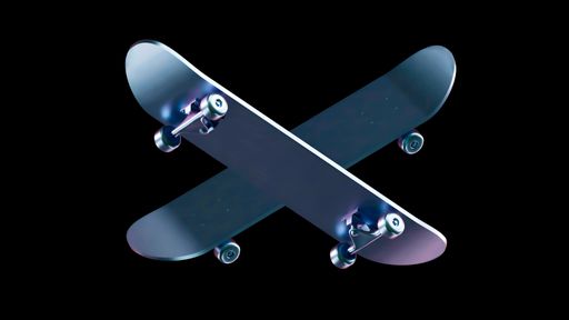 A 3D rendering of two cruiser skateboards crossed isolated on dark background