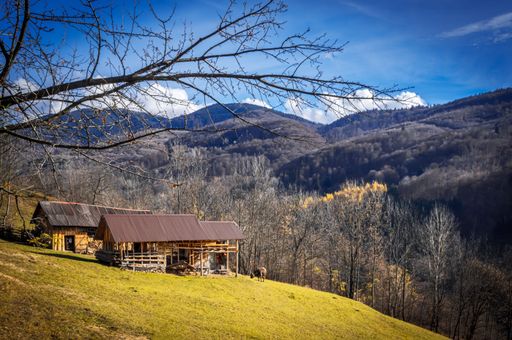Two wooden houses in a field near Leaota mountains, Arges country, Romania