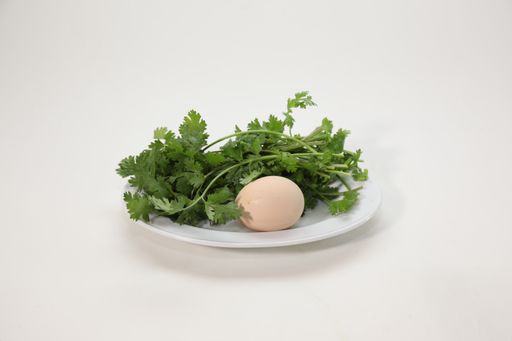 A plate with greens and a boiled egg isolated on a white background