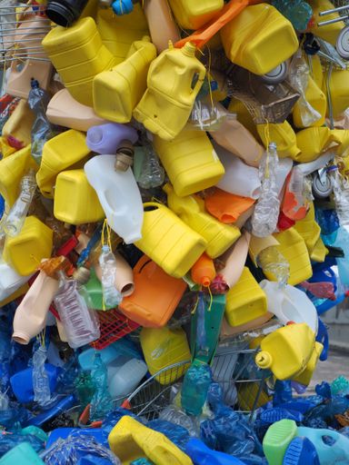 A vertical shot of plastic bottles for recycling