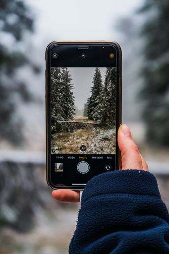 A girl hand taking a photo of the foggy winter forest with a phone