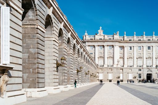 Madrid, Spain - October 18, 2020: Royal Palace in Madrid in a beautiful blue sky day.
