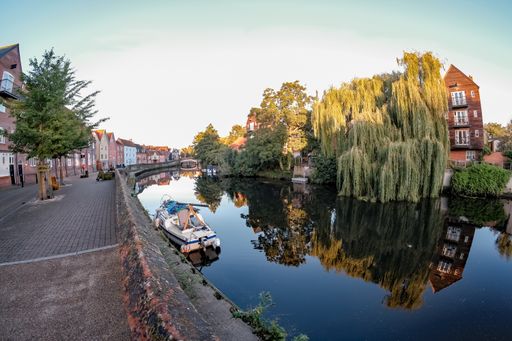 The historic Quayside and River Wensum in the city of Norwich, Norfolk