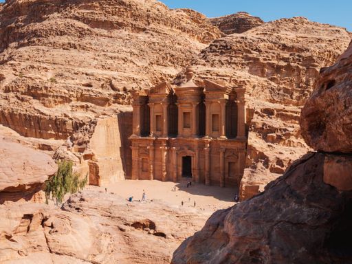 An ancient archeological temple at historical Petra in Jordan